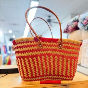 Red and Tan Woven Tote Bag